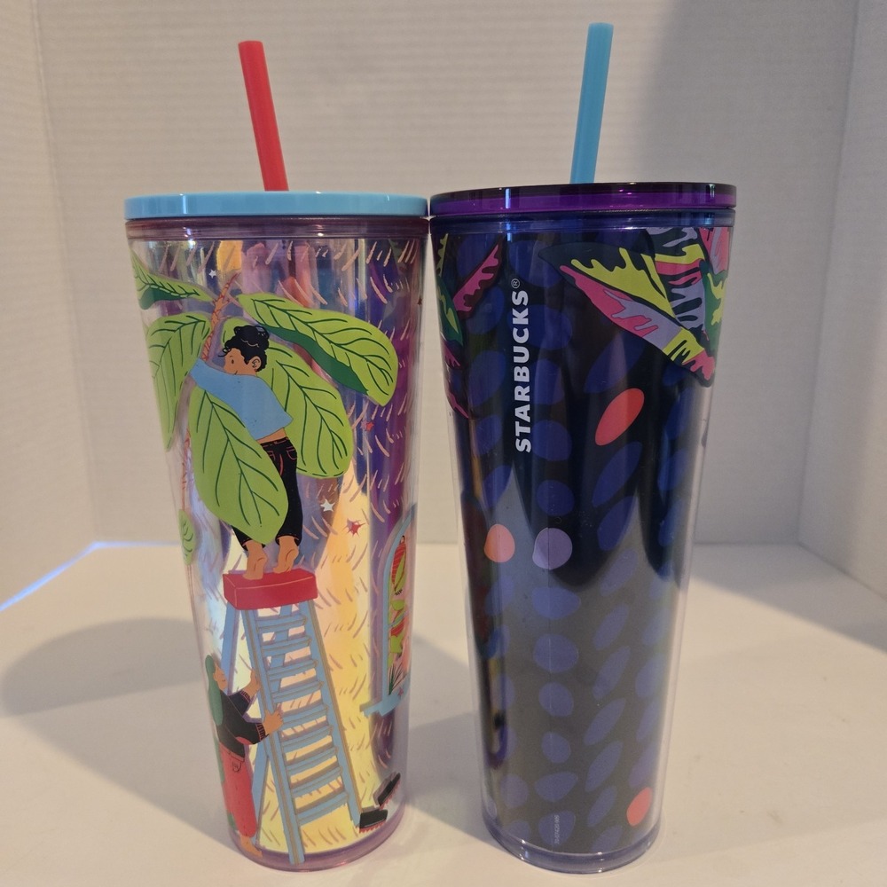 2 New! Starbucks 24oz Tumblers Floral Mon Yee Chau Logo Cold Only With Straws‎